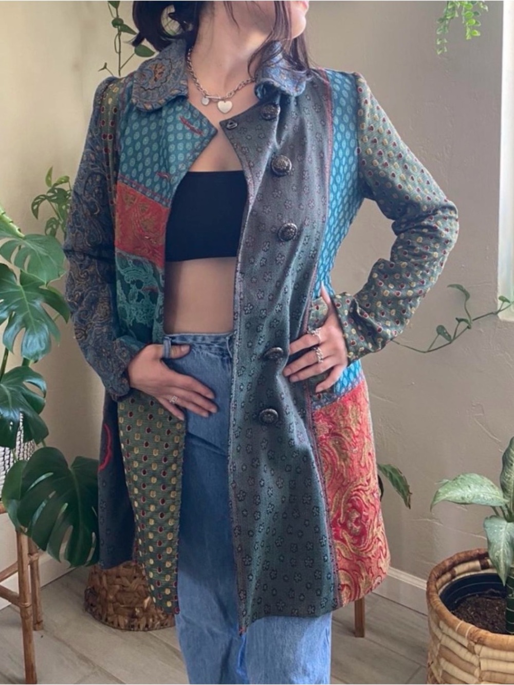 Bohemian Patchwork Long Coat - Green Multi